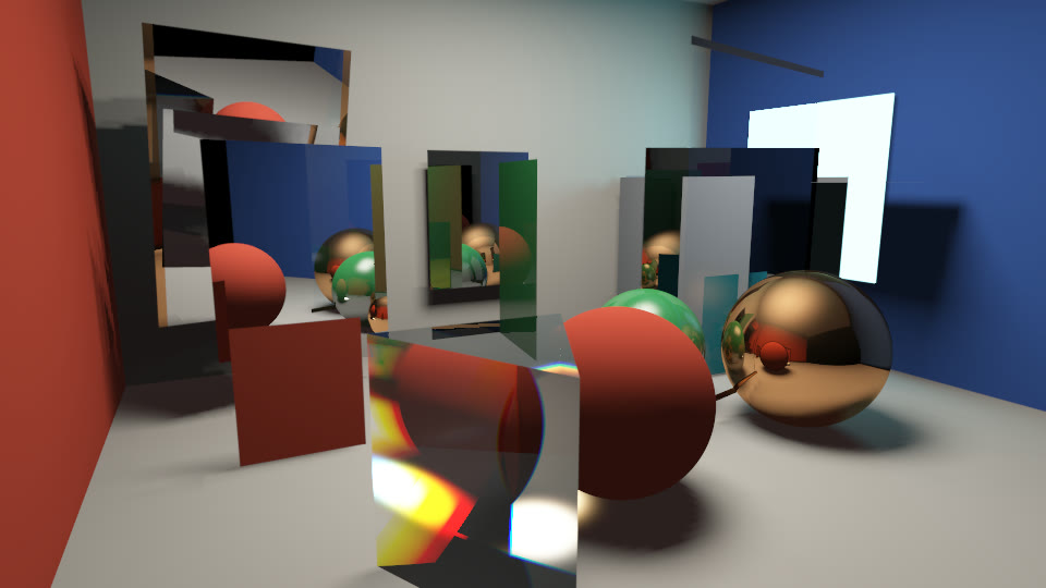 High view of three mirror planes reflecting colored spheres and receiver panels
