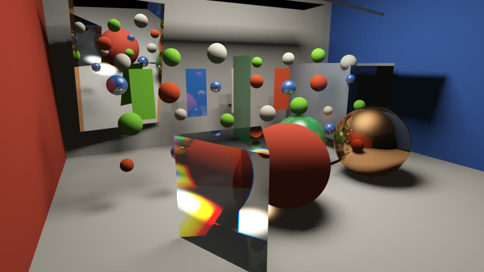 High oblique view of suspended colored spheres, flags, prism, and reflective objects