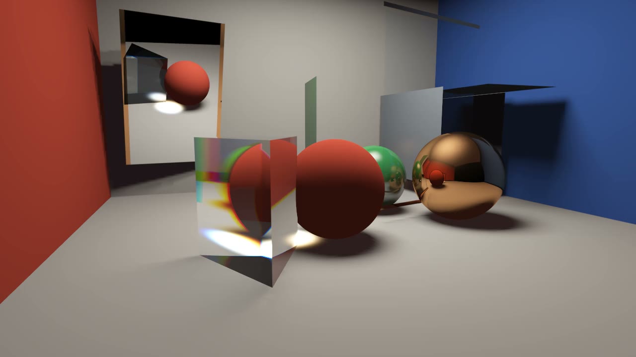Low returning view of a glass prism dispersing colored light among three spheres