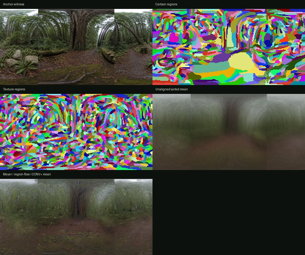 Diagnostic plate showing an anchor panorama, its independently segmented cartoon and texture regions, the unaligned mean, and the registered mean