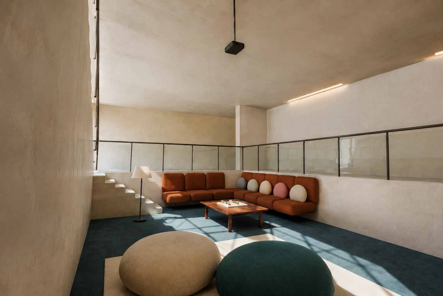 Architectural visualization across the sunken commons toward the rust sectional, open floor, grounded stair, and framed daylight
