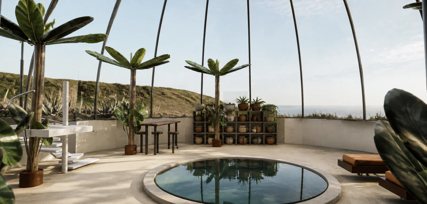 Architectural visualization inside the connected tropical dome with pool, planting, lounge, bar, and spiral stair