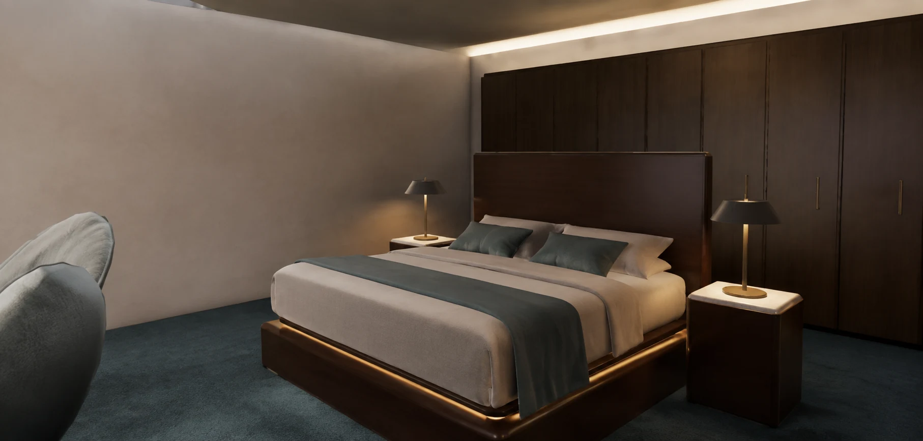 Architectural visualization of the master bedroom with blue-green carpet, mahogany furniture, and soft plaster walls