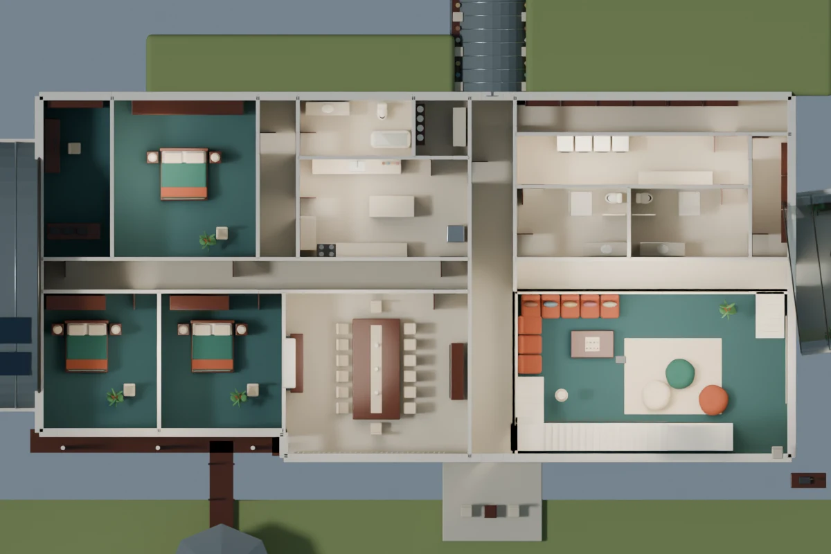 North-up furnished cutaway of the long house, with bedrooms at west, dining and central kitchen, service rooms to the north and east, and the sunken blue-green commons at southeast